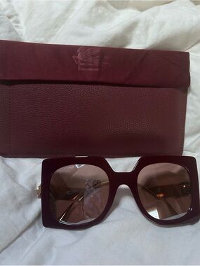 Etro Logo Mixed-Media Square Sunglasses  Red w/ Pouch and Cloth